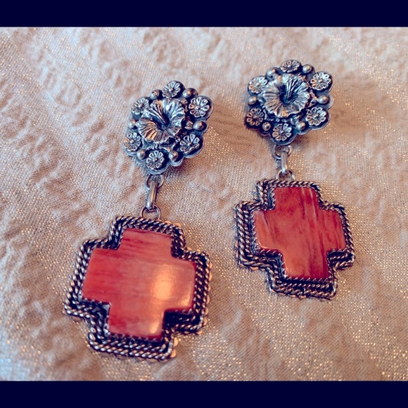 Southwest sterling & coral 2” pierced earrings❣️ - Picture 2 of 5